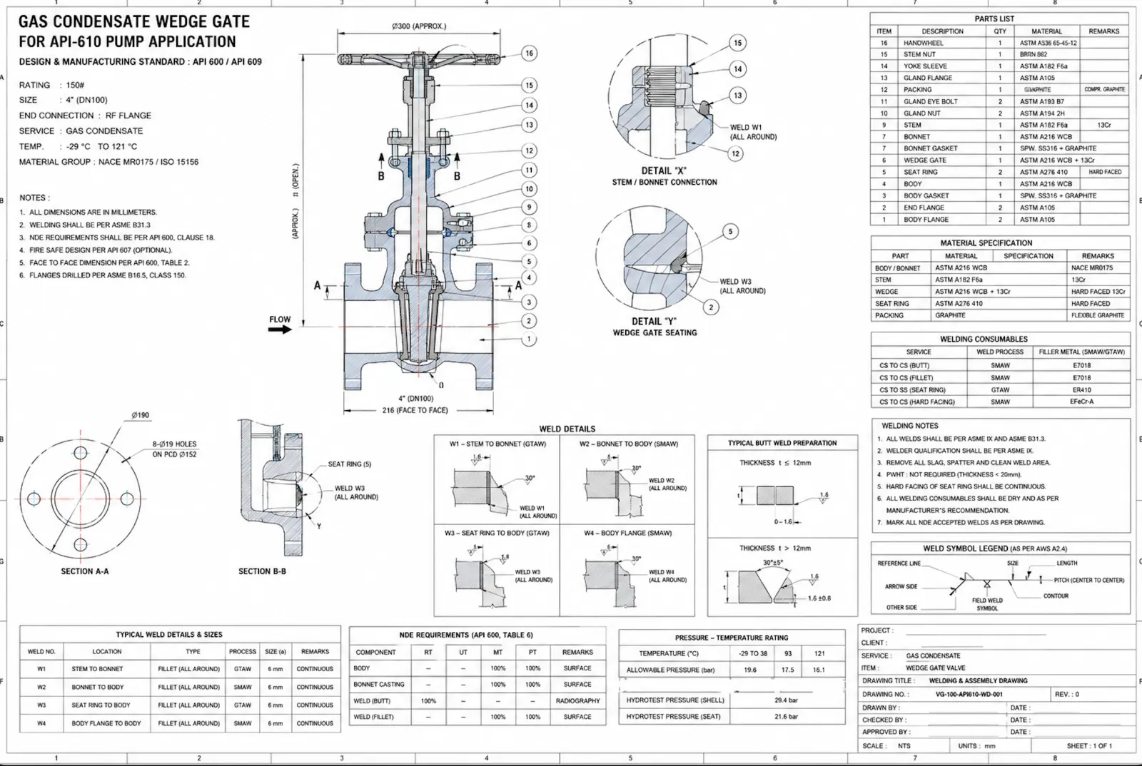 2D CAD drawing of a wedge gate valve with dimension annotations